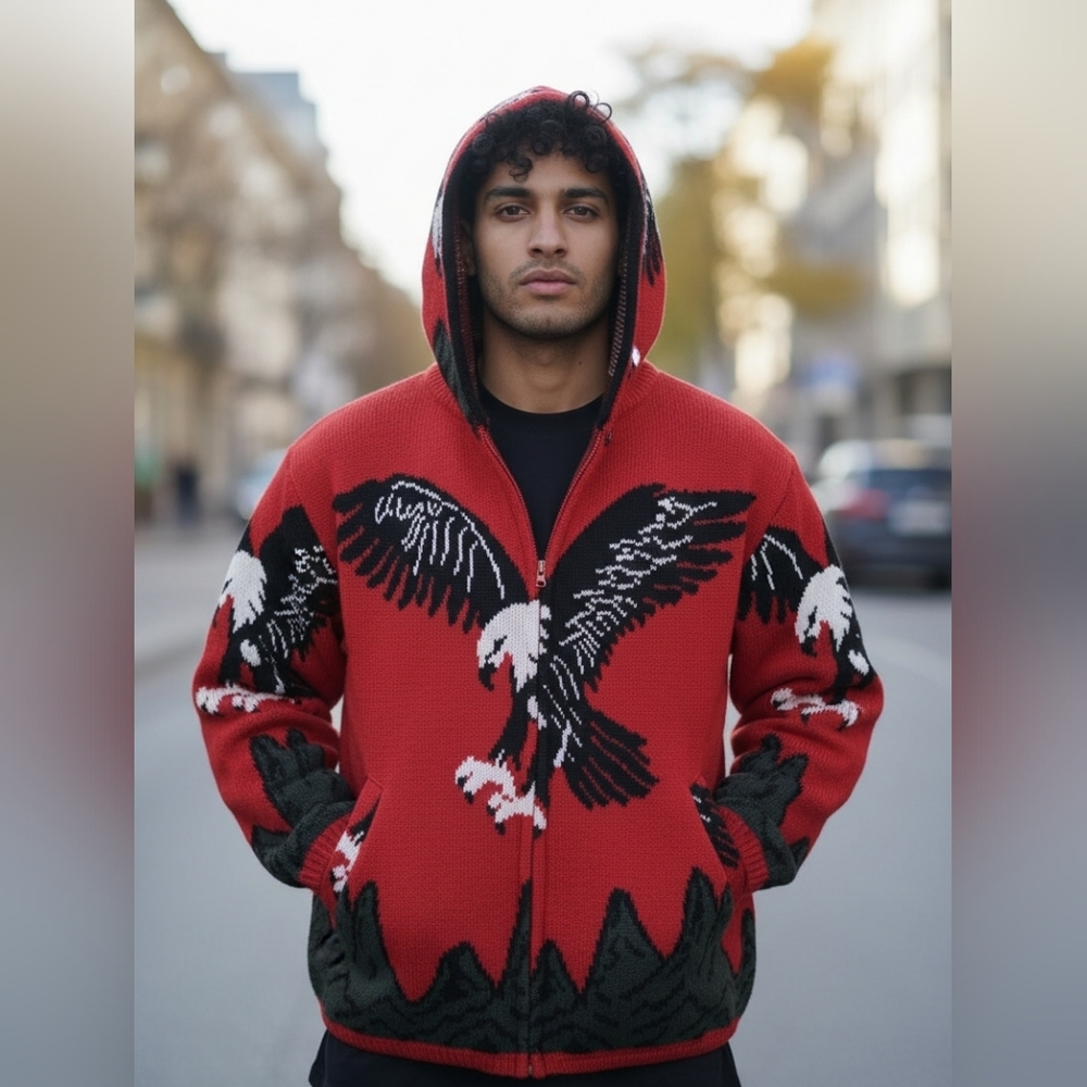 Vintage Red Wool Hooded Zip Up Jacket with Eagle Design